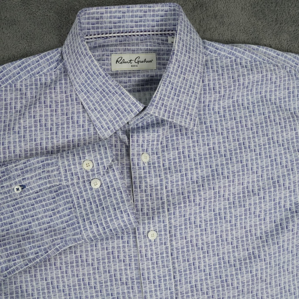 Robert Graham Button Up Shirt Mens 17.5 Blue White Geometric Grid Long Sleeve
